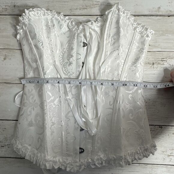 Pin Up White Jacquard Floral Lace Up Boned Frilly Corset Bustier Top S - Picture 10 of 16